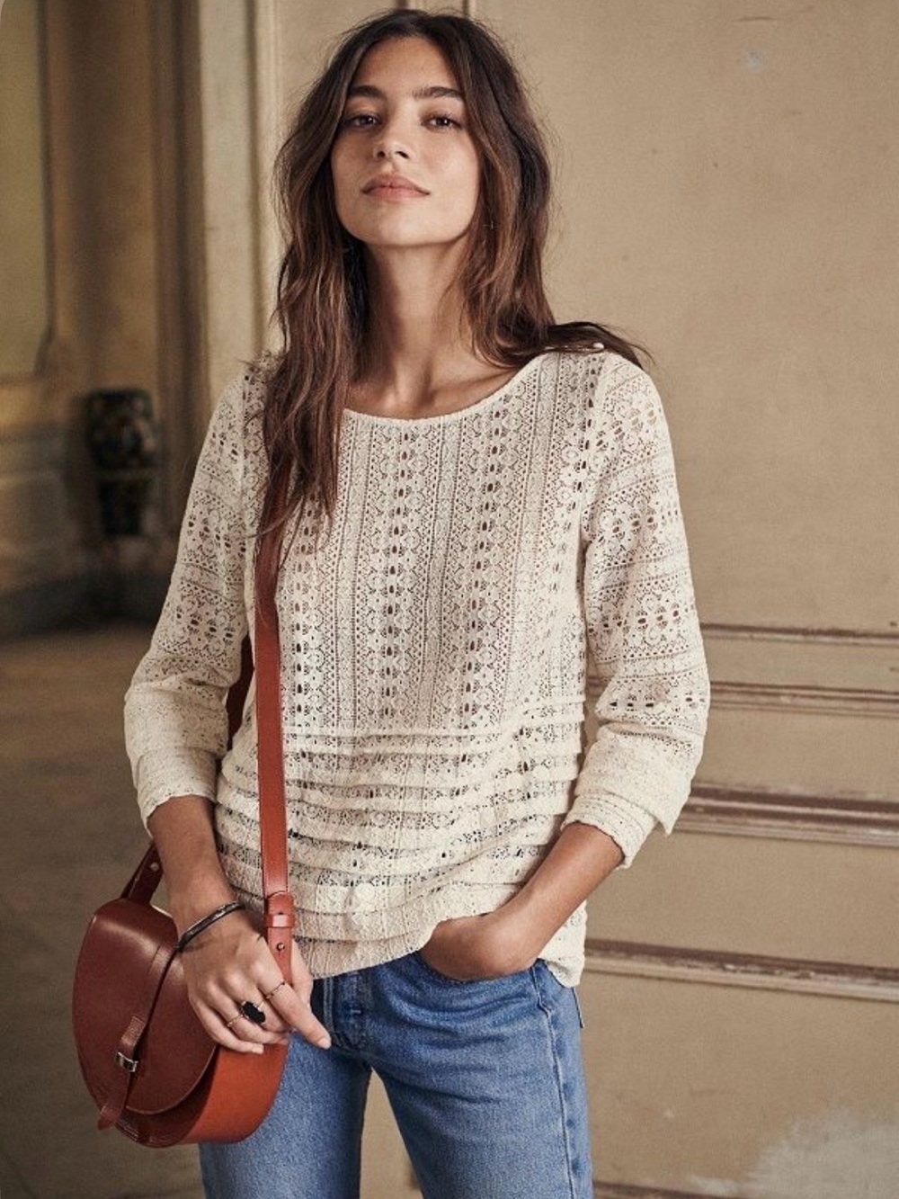 Sezane Marta Crochet Lace Long Sleeve Top